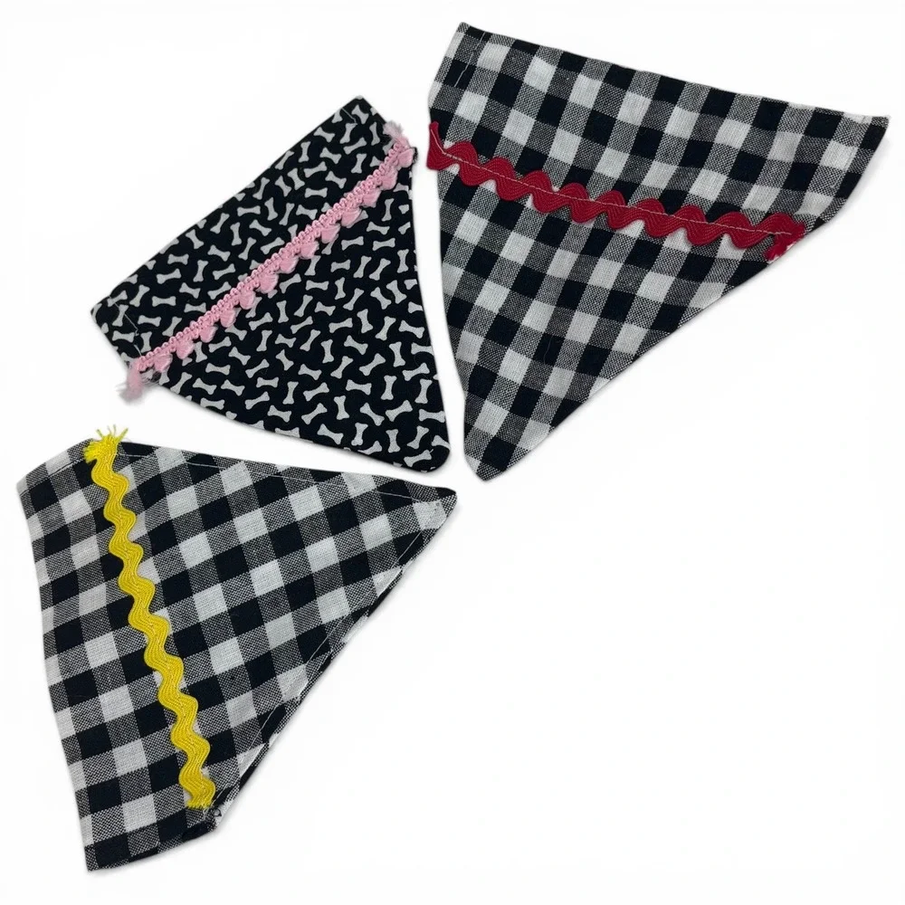 Handmade Dog Bandana Set of 3 Check blk/wht Bone Print Rickrack Trim‎ Sz S